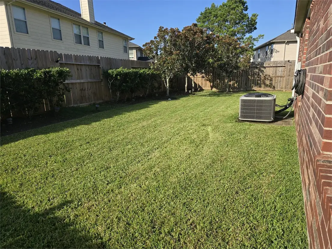 A mowed side yard lawn beside a brick wall, lawn care