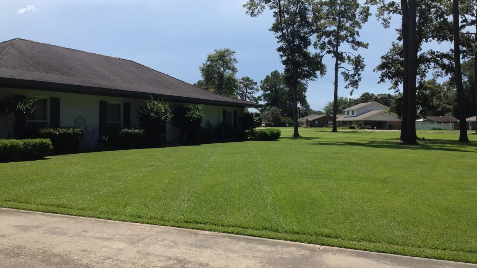 A freshly mowed front lawn at a ranch home, lawn care services